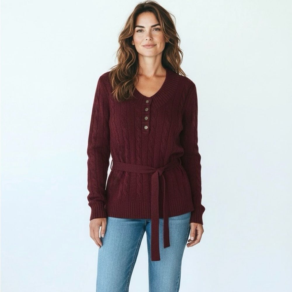 Brooks Brothers Wool Henley Sweater Burgundy Cable Knit Belted Vintage Women's L